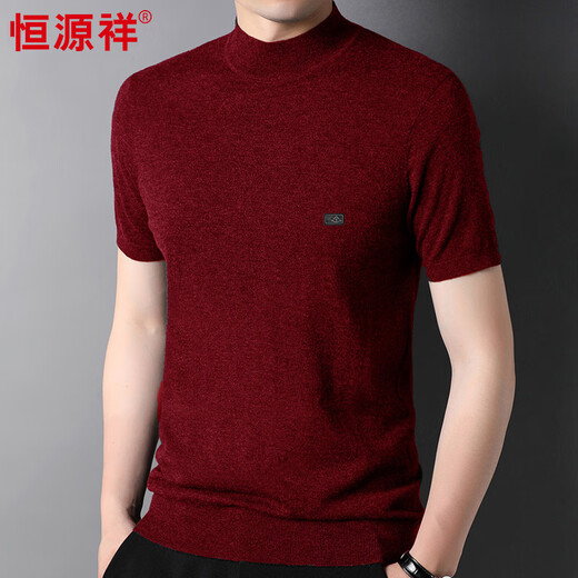 恒源祥100%羊毛短袖男士半高领打底衫半袖毛衣HJ225 黑色 175/92A 