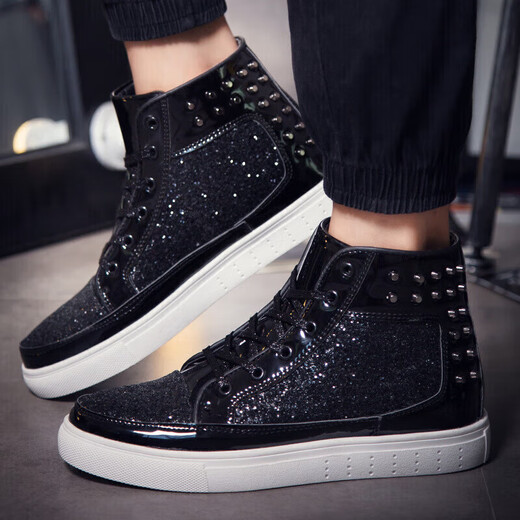 Shihokoo casual shoes, fashionable hip-hop Martin shoes, rivets, personalized mid-high top shoes, autumn and winter casual boots, black 36 Shihokoo casual shoes, fashionable hip-hop Martin shoes, rivets, personalized mid-high top shoes, autumn and winter casual boots, black 36