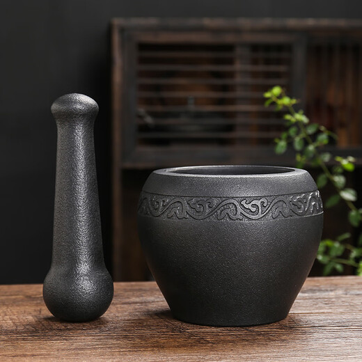 Yiyuanxuan household natural black gold garlic mortar, stone mortar, medicine jar, stone cup, garlic pounder, mashing Wo Leibo pepper, Lianlian fish outer diameter 13CM