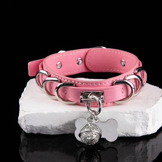 Genuine leather collar sm puppy bone tag bell choker female m custom lettering necklace k9 neck collar black bell model + traction chain