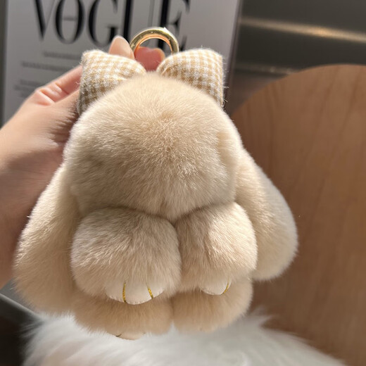 Tucker is suitable for cute real rex rabbit fur bow little rabbit car keychain pendant ins plush doll school bag rouge light pink