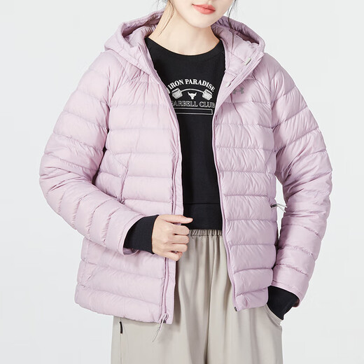 安德玛（Under Armour）官方羽绒服女秋冬新款轻薄连帽休闲开衫棉羽夹克保暖训练运动服 T轻薄款1372648-694（80%灰鸭绒 M 165
