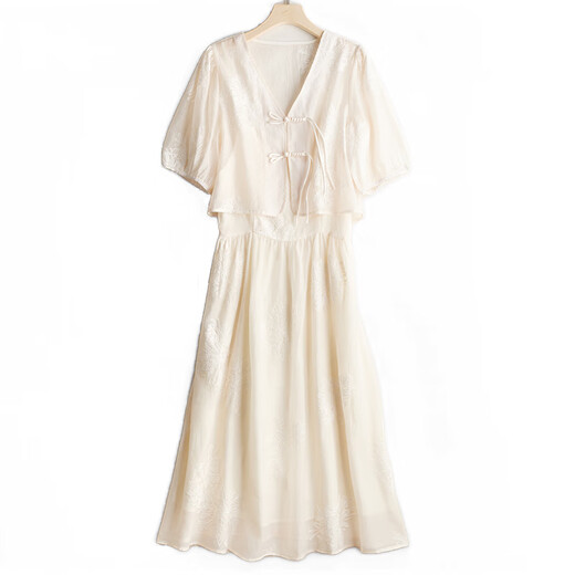 Lislave New Chinese Style Women's Shat à manteau à manches courtes Robe deux pièces 2024 Nouveau col debout d'été Jupe à suspension imprimée BEIGE 683 M