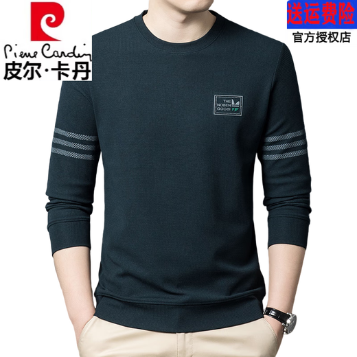 Pierre Cardin Langarmed T-Shirt Herren-Sweatshirt reine Baumwolle Runde Halsfeder und Herbst neu 2025 Waffel Trendy T-Shirt-Basis-Hemd mit mittlerem Alter 835 Dunkelgrün hautfreundlich und komfortabel 170/l empfohlen 120-140jin [Jin gleich 0,5 kg]