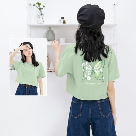 真维斯女装短袖t恤夏季新款高级感体恤衫纯棉高档多巴胺小个子显瘦衣JR 蝴蝶-粉835A XL