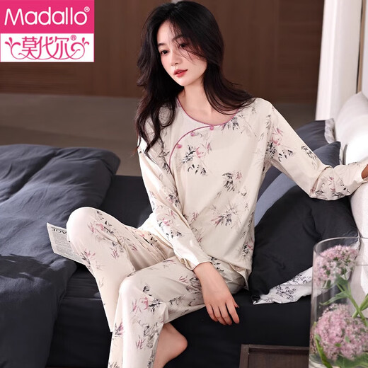 Modal New Chinese Style Pajamas for Women Spring and Autumn Autumn Pure Cotton Long Sleeves 2025 New Chinese Style Home Clothes Cotton Suit C1504 Bamboo Cui M (160)