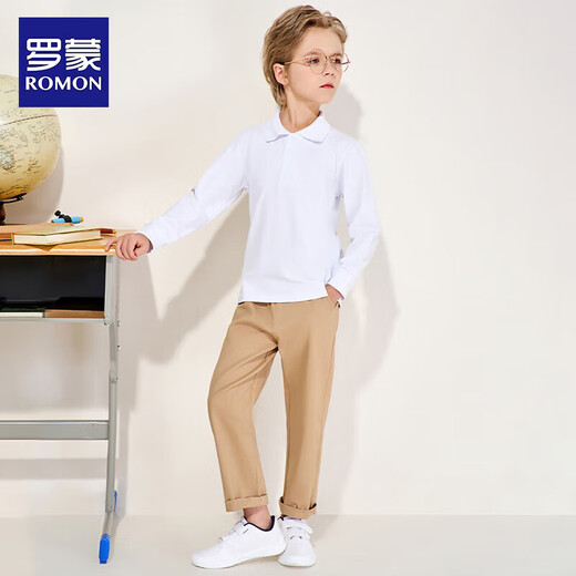 Luo Meng children's velvet polo shirt for boys and girls white T-shirt winter long-sleeved campus wear white velvet 160