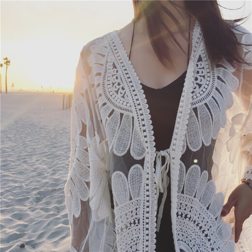 DK seaside sun protection clothing beach cardigan swimsuit shawl blouse hot spring mesh jacket blouse outer wear white