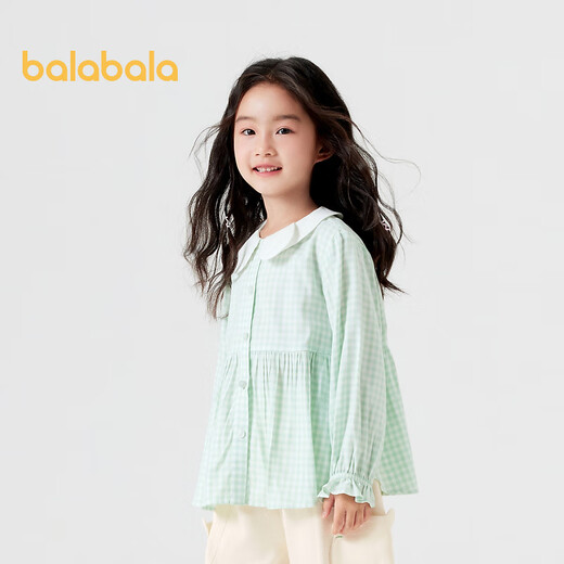 Balabala Balaba children's clothing children's long-sleeved shirt girls autumn clothing sweet and cute literary plaid top children's lapel white and green tone 00414 130