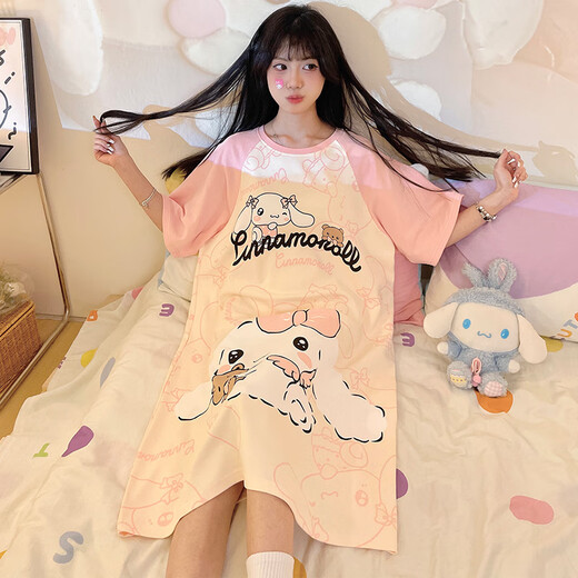Xianmengsha's new summer pure cotton mid-length nightgown for women's short-sleeved round neck sweet cute cartoon pajamas girl's home clothes 723-Yugui Dog M