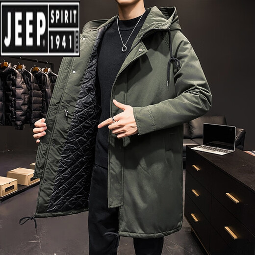 Jeep (JEEP) autumn and winter men's mid-length windbreaker men's thickened parka coat plus cotton hooded loose two-cotton jacket trend Military green S loose fit is large
