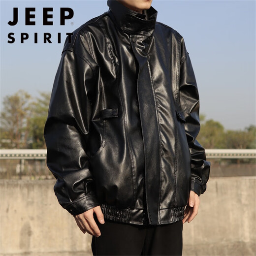 
JEEP SPIRIT American retro motorcycle leather jacket men's spring and autumn new street handsome ins trendy high-end leather jacket W9227 black XL