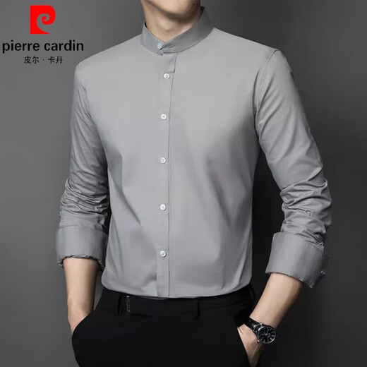 Pierre Cardin Neues chinesisches Stand-up-Kragenhemd Herren-Langsalz 2025 Frühlings- und Herbstgeschäft Formal No Iron Professional White Shirt Medium Strick 6629 Grau 5xl [180-200jin [Jin ist gleich 0,5 kg]]