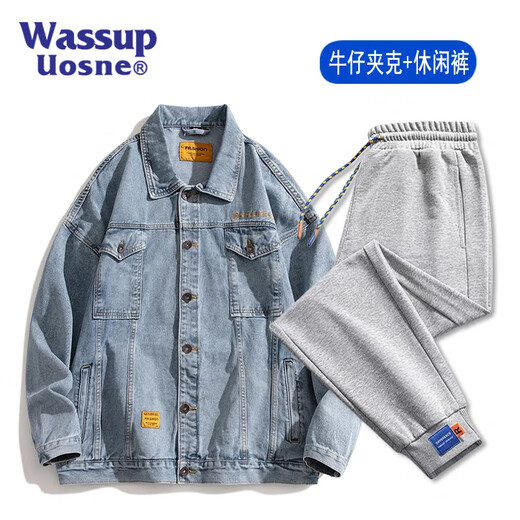 Wassup Uosne American Denim Jacket Men and Women Woîte Spring and Automne Vestes de travail pour la marque de mode jeunesse Pussy Uniforme de baseball de grande taille JK826 Blue + 2201 Black XL (recommandé 135-155jin [Jin est égal à 0,5 kg]))