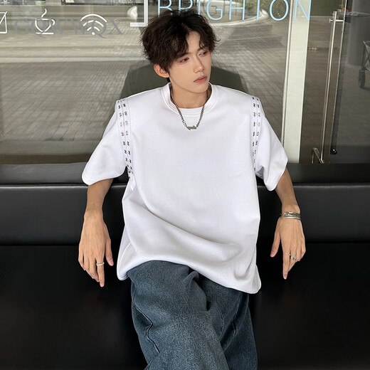 
Zhidou Dou Dou's handsome shoulder pad T-shirt for men's summer hair stylist trendy short-sleeved niche design five-point half-sleeved cd1047 white one size m