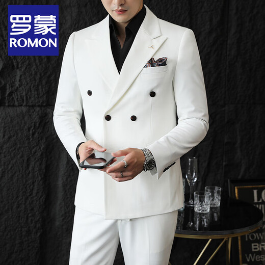 ROMON white double-breasted small suit men's suit Korean version slim casual high-end suit jacket groom wedding dress white two-piece set XL