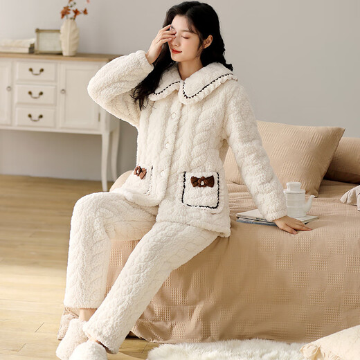 
Mandelefin winter pajamas three-layer cotton ladies coral velvet thickened plush set home clothes autumn and winter 2023 new model 12244 Women's M (80-100Jin [Jin equals 0.5 kg])