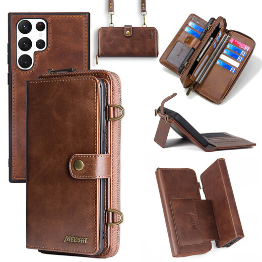 S23ultra Mobiltelefon Hülle Leder schräg Lanyard Samsung S22+ Brieftasche Flip Multifunktionskarte Mezzanine S21FE Full Cover Anti-Fall-Schutzhülle Business Red Samsung S23+