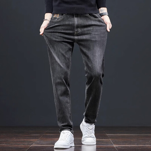 Cotton jeans for men straight slim fit 2025 new fashion brand autumn and winter plus velvet high-end men's casual long trousers spring and autumn 826 black regular 32