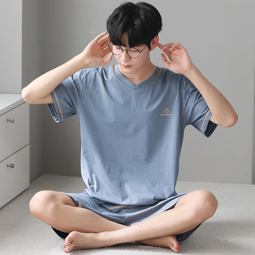 浪莎男士睡衣冰丝莫代尔触感可外穿夏季V领简约休闲家居服套装 浅蓝 2XL