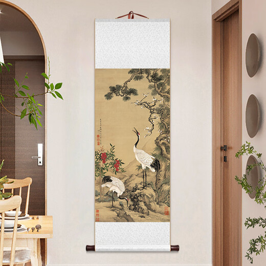 爱麒松梅双鹤卷轴挂画花鸟仙鹤名家国画新中式客厅书房茶室玄关壁画 ZFL1283款：松鹤延年 整体尺寸：41*132cm 乳白色锦绫+新款