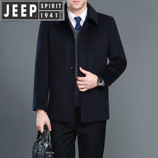 JEEP SPIRIT春秋羊毛呢子大衣中老年男士加厚翻领外套保暖大码扣子款夹克 黑色中长款【加绒】 185/96A 155-175斤