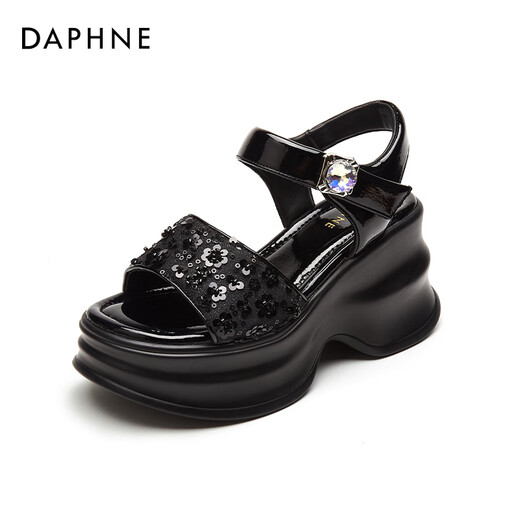 达芙妮（DAPHNE）凉鞋女外穿一字带夏季新款时尚仙女风软底轻便水钻魔术贴女鞋 黑色 跟高9cm 36 (230mm) 标准码