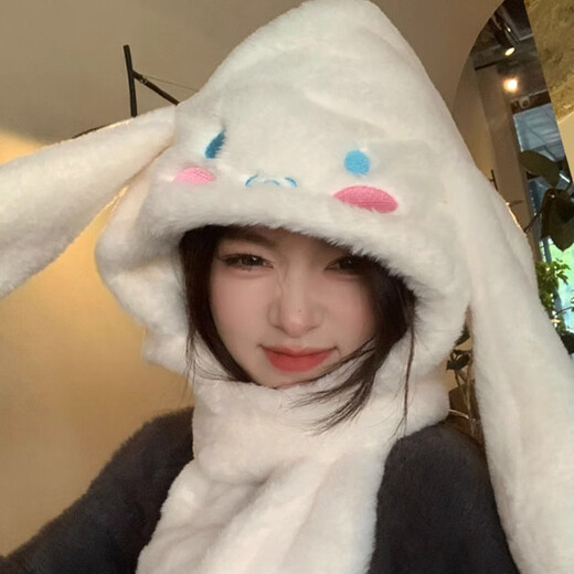 溪谷幽幽玉桂狗耳朵会动帽子女秋冬围巾手套一体保暖三件套可爱毛绒护耳帽 白色三件套一体【耳朵按会动】