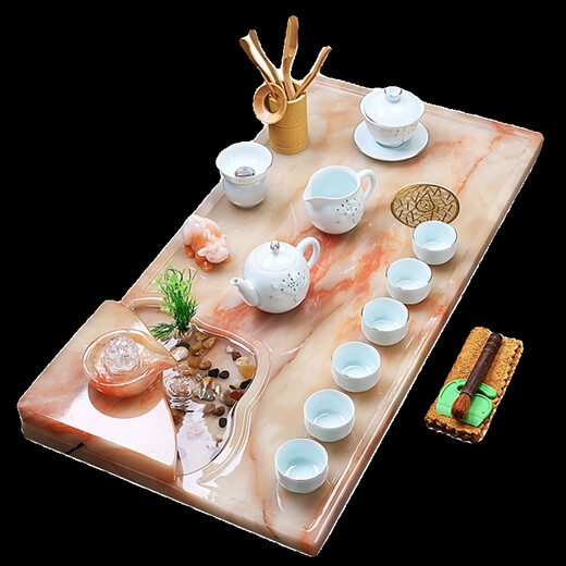 OUOETY蓝彩何玉石茶盘 玉石茶盘家用现代轻奢大小号功夫茶台客厅办公室 椭圆茶盘金丝玉1049*35*3