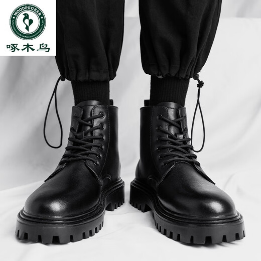 Woodpecker COS Comicausstellung Erhöhte Schuhe 12 cm Martin Boots Herren -Leder -Leder Britisch -Stil Unsichtbarer innerer Erhöhung 10 cm Motorradstiefel Schnalle + Seite Reißverschluss Schwarz 12 cm 40