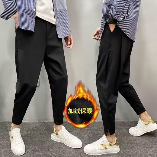 楠语秋（NANYUQIU）加绒裤子男九分休闲裤百搭潮流黑武士修身小脚裤网红束脚哈伦裤 黑色【魔术贴】 M 95-110斤