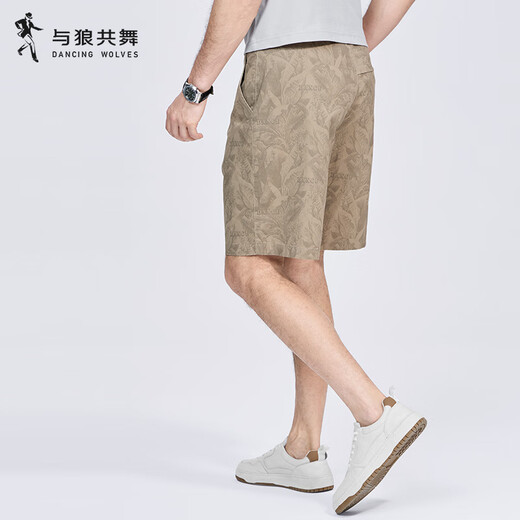 与狼共舞【满身印花】休闲短裤男2025夏季新款纯棉弹力时尚青年五分裤4019 卡其701 29