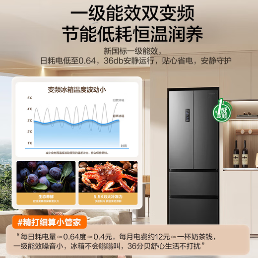 Rongsheng 325-liter double-cycle French multi-door four-door double-door first-class energy efficiency dual-frequency air-cooled frost-free ultra-thin recessable small-family household refrigerator national subsidy BCD-325WD18MP Mo Yun Gray