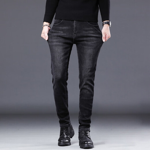 Muzhi Hong Kong trendy European high-end smoke gray jeans men's spring and summer slim feet trendy casual and versatile trousers black 1048 33