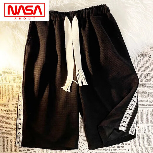NASA ABOUT webbing drawstring shorts for men and women for summer thin loose sports five-point pants Hong Kong style casual mid-sized pants off-white double webbing shorts K1048 S (70-90Jin [Jin equals 0.5 kg])