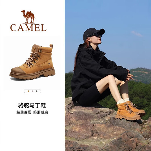 骆驼马丁靴男大黄靴秋冬加绒复古防水防滑徒步鞋子女 F14C342674，军绿色，男 41