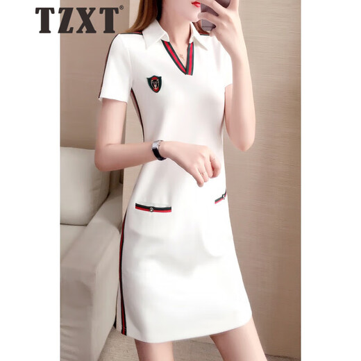 Tzxt Brand Trendy Luxury Luxury Casual Sports Robe à manches courtes pour femmes Loose Summer Nouveau mince Col de polo Col de t-shirt Straight 1595 Black L Recommandé 105-120Jin [Jin est égal à 0,5 kg]