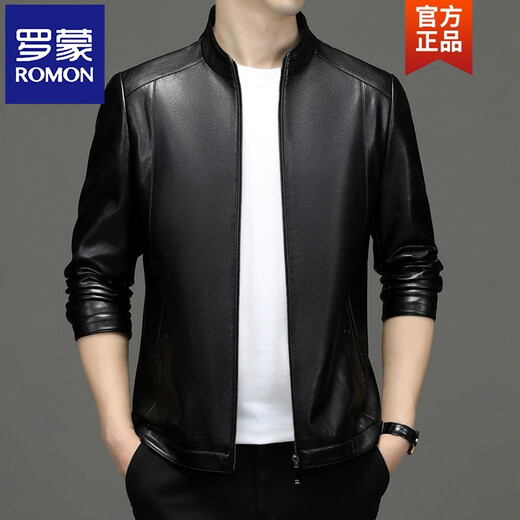 ROMON Spring and Autumn Haining Leather Men's Middle-aged Pure Leather Jacket First Layer Imitation Sheepskin Dad Casual Jacket Black Stand Collar 3XL 170-190