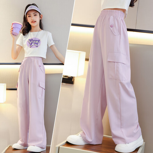 
Pitt summer girls wide-leg pants children's pants ice silk work pants 2025 new mosquito-repellent pants girls summer trousers 9889 white + 15029 pink purple [set] 170 cm