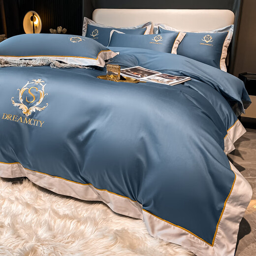 Fu'an Baina high-end 200 count long-staple cotton four-piece set 100 cotton pure cotton duvet cover sheet fitted sheet light luxury high-end bedding Prague - Mountain Gray 1.8m bed sheet style four-piece set duvet cover 200x230cm