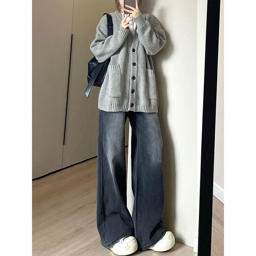 Qumile American trendy wide-leg jeans for women in autumn and winter new style small high-waisted slim loose straight pants black gray L