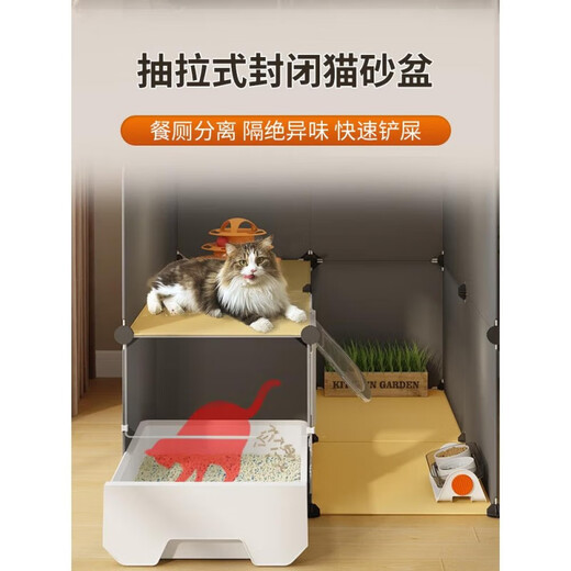 Cat cage with toilet integrated suitable for large and small kittens. Cat cage for home indoor with cat litter box and toilet integrated. Super large 3-layer 75*75*145 multi-platform large space. Luxurious cat nest + cat bowl + cat hammock + basic model.