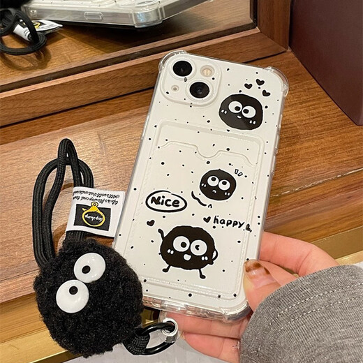 麦巴盾可爱卡通黑色泼墨煤球iphone15手机壳适用苹果14promax卡包卡套插卡13pro手提挂绳链条全包防摔女 壳+煤球挂绳 iphone15