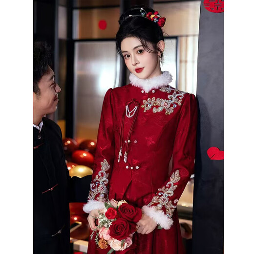 Seidler New Chinese Toast Wear Bride 2025 New Engagement Back Door Dress Long Sleeve Women Wedding Winter Thickened Velvet Burgundy M (Recommended 96-105 Jin Jin equals 0.5 kg)
