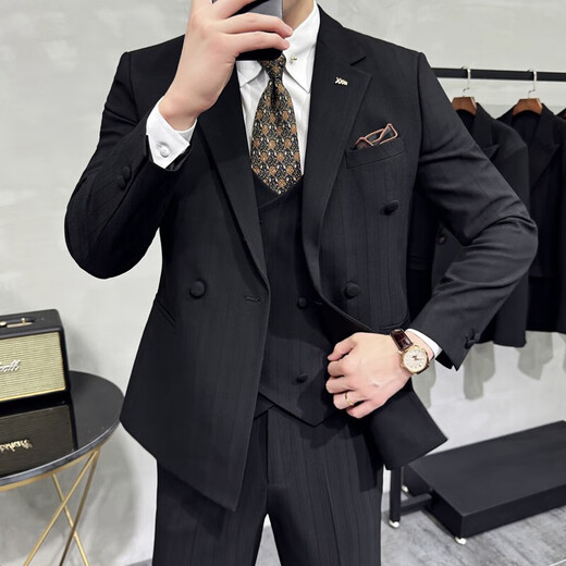 Jason men's double-breasted striped suit suit groom wedding dress business casual work interview suit three-piece suit dark brown (suit + pants) M (95-110Jin Jin equals 0.5 kg)