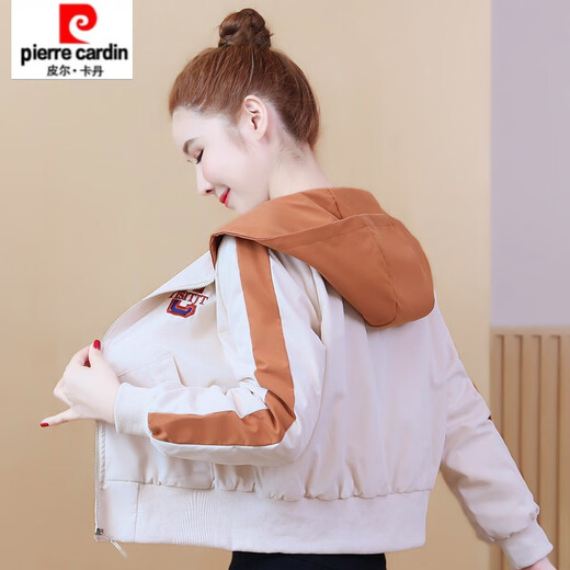Pierre Cardin hooded velvet short jacket for women autumn and winter 2025 new Korean style fashionable embroidered versatile little man jacket baseball uniform apricot velvet thickened 3503# S recommended 70-90Jin Jin equals 0.5 kg