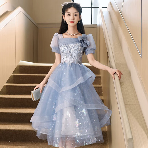 Vestido de noche azul de Libaixin 2025 NUEVO Estilo Banquete High-High Grain Student Art Exam Nicho Huff Skirt for Women Blue Long L Sugerir 100-110Jin [Jin equivale a 0.5 kg]