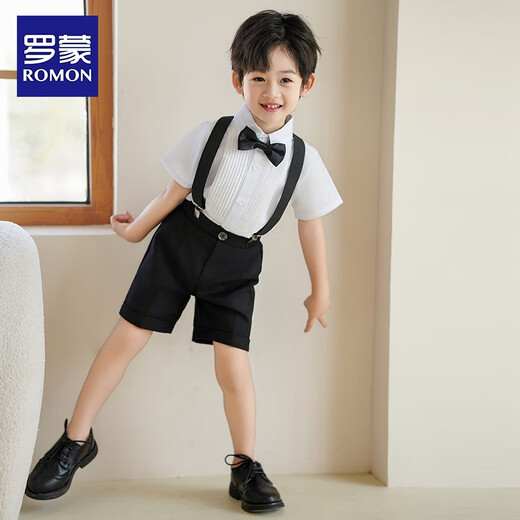 
Romon boys dress baby suit little host suit piano performance boys birthday strap suit four-piece set: shirt + shorts + strap + bow tie 130