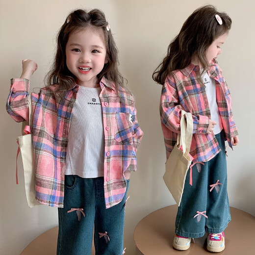 LVVCUU girls plaid shirt spring and autumn 2026 new children's long-sleeved western style shirt baby girl fashionable spring cardigan LC5116 120 cm