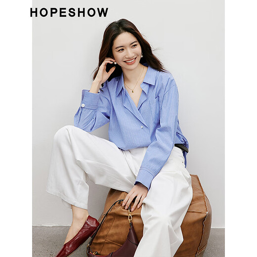 红袖蓝色条纹衬衫秋季2024新款女装翻领休闲气质轻熟法式小众长袖上衣 蓝条725 S